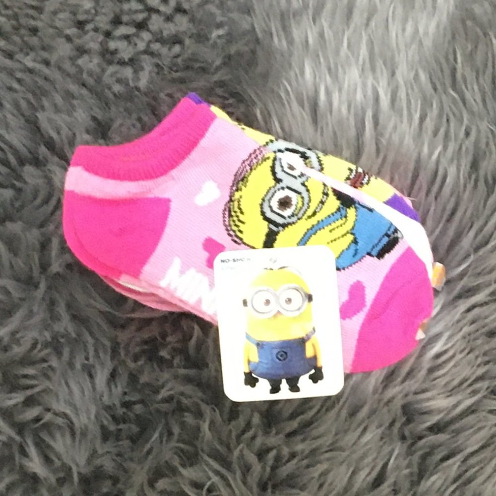 Minion | Toddler Girl's No-Show Socks | 5 Pack | Pink & Purple | Size 5-6.5